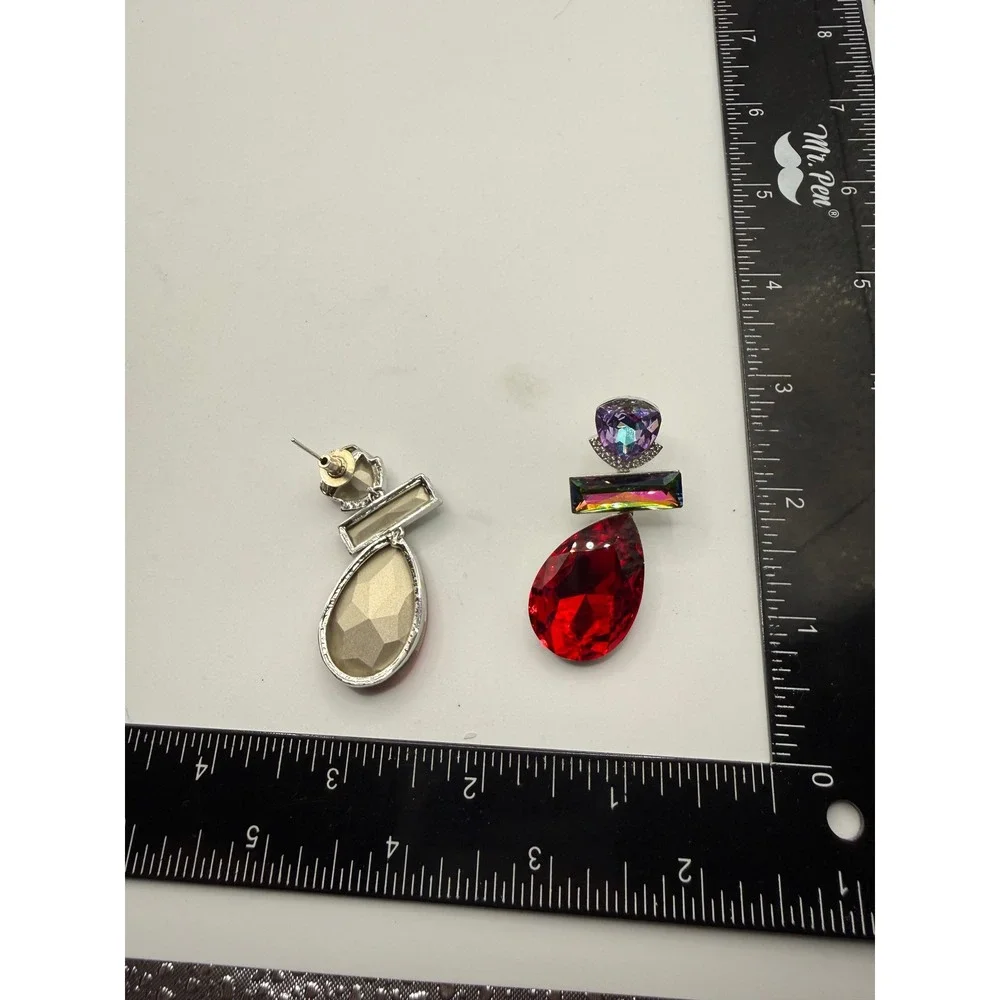 Red Purple Iridescent Crystal Statement Drop Earrings Silver Tone Pageant‎ Glam